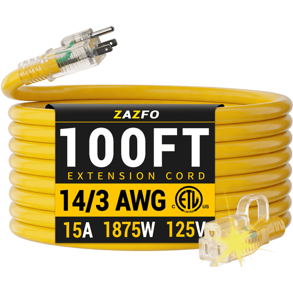ZAZFO 14/3 Gauge Yellow Outdoor Extension Cord 100 ft Waterproof with Lighted Indicator, Cold Weatherproof -40°C, Flexible 3 Prong Extension Cord Outside,15A 1875W 14AWG SJTW, ETL Listed