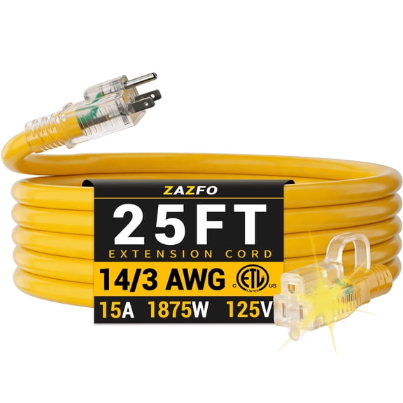 ZAZFO 14/3 Gauge Yellow Outdoor Extension Cord 25 ft Waterproof with Lighted Indicator, Cold Weatherproof -40°C, Flexible 3 Prong Extension Cord Outside,15A 1875W 14AWG SJTW, ETL Listed
