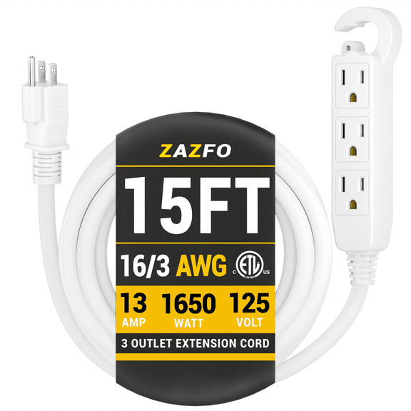 ZAZFO 15FT 16/3 SJTW Outdoor Extension Cord, White Multi-Outlet 3-Prong Power Cord, 13A 125V 1625W, IP65 Weatherproof Flexible Cable with 3 Built-in Outlets, ETL Certified