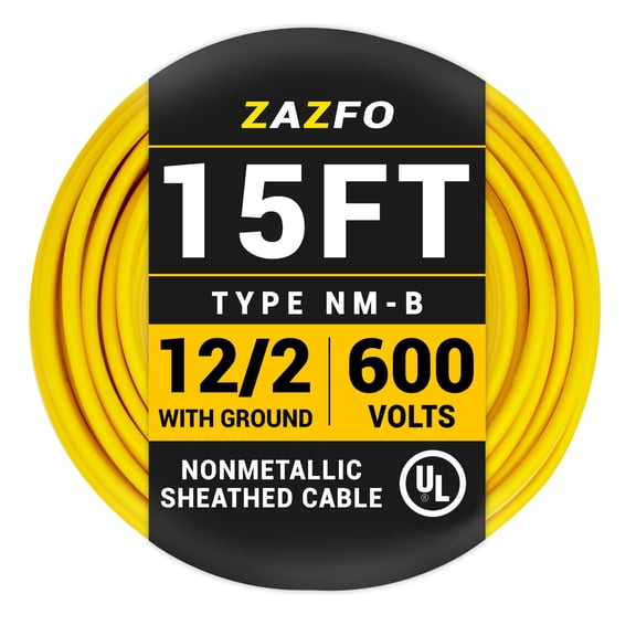 ZAZFO 15ft 12/2 NMB Indoor Electrical Wire, Yellow, 600V Copper Grounded Cable, UL Listed for Construction