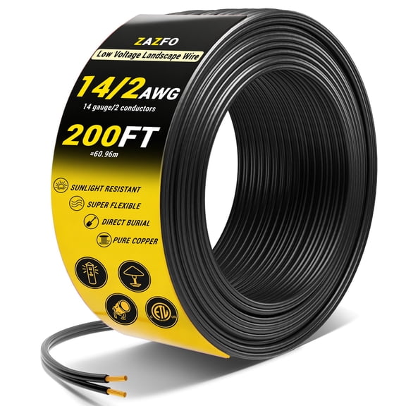 ZAZFO 200FT 14/2 Low Voltage Landscape Wire, 14AWG 2-Conductor Pure Copper Cable, Waterproof Direct Burial Outdoor Wire for Garden Path Lights, ETL Listed