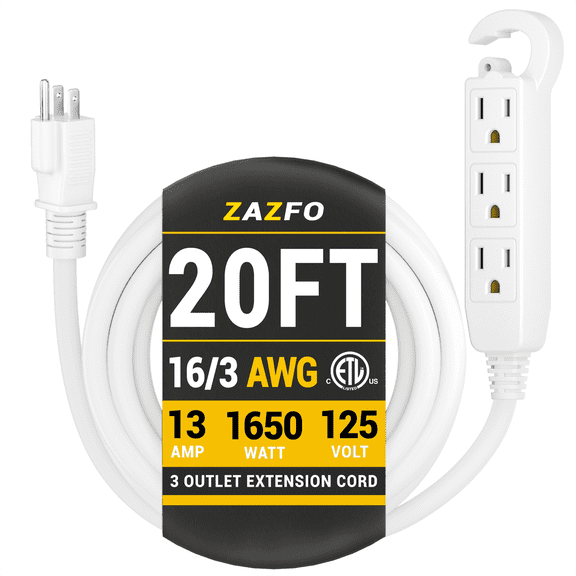 ZAZFO 20FT Indoor Extension Cord, White 3-Outlet Grounded Power Cable, 16Awg 3-Prong 13A 125V 1625W, ETL Certified Multi-Outlet Power Strip for Home Indoor Use**