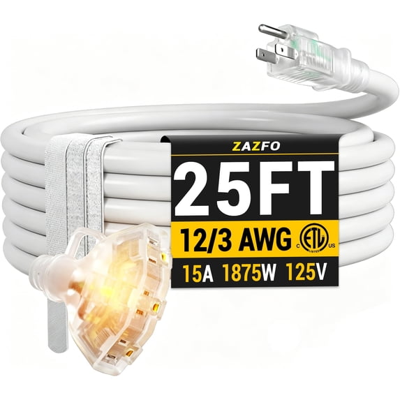ZAZFO 25 FT 12 gauge Outdoor Extension Cord with Multiple Outlets Light Indicator, Flexible 3 Outlet Weatherproof Extension Cord Waterproof White, 15A 1875W 12AWG SJTW, ETL Listed