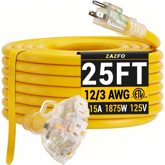 ZAZFO 25 FT 12 gauge Outdoor Extension Cord with Multiple Outlets Light Indicator, Flexible 3 Outlet Weatherproof Extension Cord Waterproof Yellow, 15A 1875W 12AWG SJTW, ETL Listed