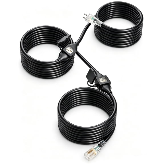 ZAZFO 25FT 14AWG Outdoor Extension Cord for Outside Halloween Christmas Lights Decoration, Evenly Spaced 3 Outlets with Safety Cover,SJTW Black Jacket ETL Listed