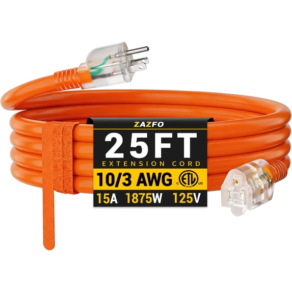 ZAZFO 25ft 10 Gauge Extension Cord, 3 Prong 5-15P to 5-15R, SJTW with Power Indicator Light, Heavy Duty Flexible Durable, Orange Waterproof for Outdoor Use