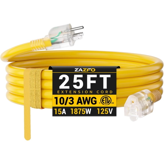 ZAZFO 25ft 10 Gauge Extension Cord, 3 Prong 5-15P to 5-15R, SJTW with Power Indicator Light, Heavy Duty Flexible Durable, Yellow Waterproof for Outdoor Use