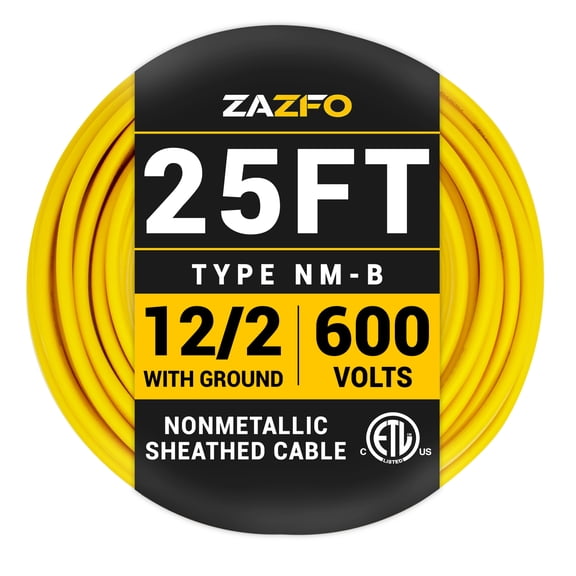 ZAZFO 25 ft 12/2 NM-B Indoor Electrical Wire, 12 Gauge 600V Copper Grounded Construction Cable, ETL Listed, Yellow