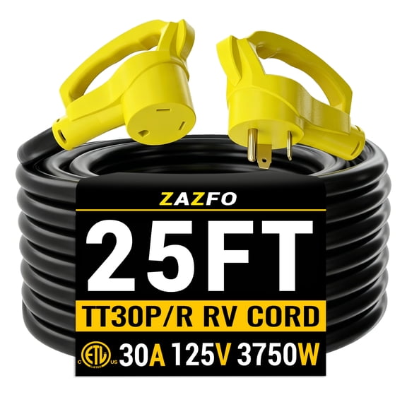 ZAZFO 25ft 30Amp RV extension cord,Heavy duty 10/3 Gauge Waterproof RV Power Cord,NEMA TT-30P/R 125V,Black-Yellow