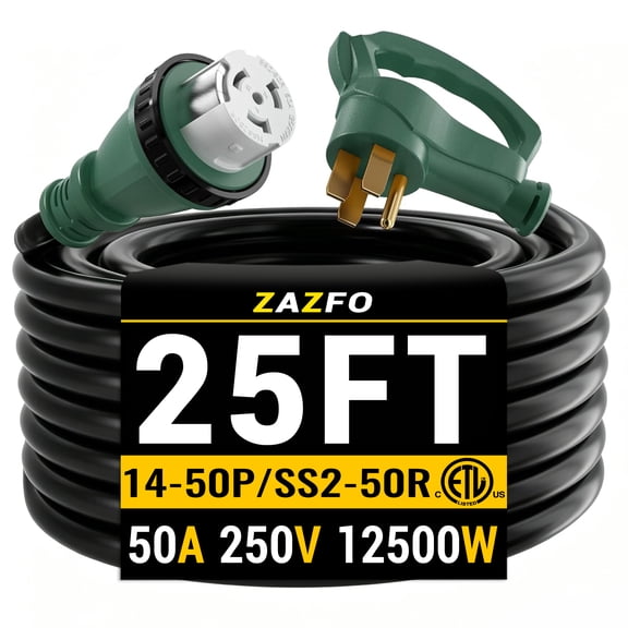 ZAZFO 25ft 50Amp Generator RV Extension Cord,NEMA 14-50P to SS2-50R Twist Lock Heavy Duty Waterproof Power Cord for Outdoor Home RV,Black-Green