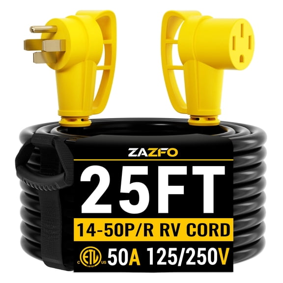 ZAZFO 25ft 50Amp RV Extension Cord,NEMA 14-50P/R 125/250V,Heavy duty Waterproof Power Cord for RV Outdoor Home,Black-Yellow