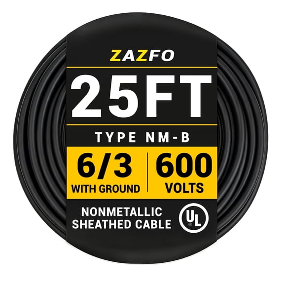 ZAZFO 25ft 6/3 NM-B Pure Copper Wire, 6 AWG 3 Conductors with Ground Wire, Black, Indoor Electrical Wire