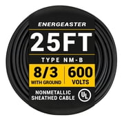 Energeaster 25ft 8/3 NM-B Pure Copper Wire, 8 AWG 3 Conductors with Ground Wire, Black, Indoor Electrical Wire
