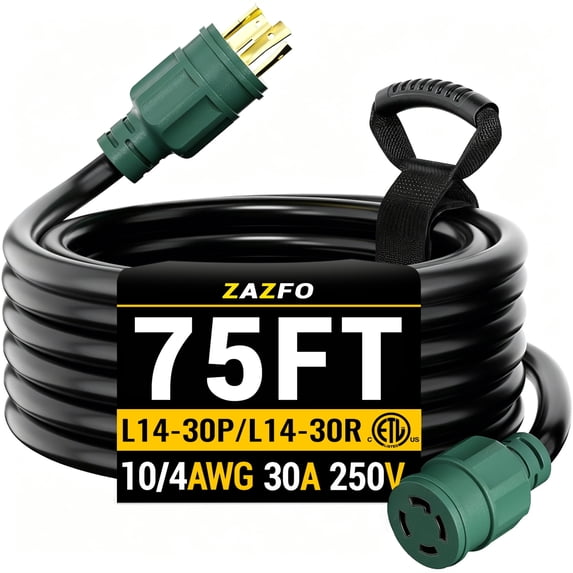 ZAZFO 30amp 4 Prong generator extension cord, nema L14-30P/R,Twist Lock,STW 10AWG 125/250V 7500W, 20-100ft Heavy Duty Black Outdoor Waterproof Power cable with organizer,ETL Listed