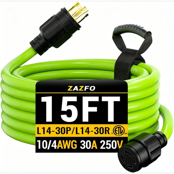 ZAZFO 15ft 30 Amp 4 Prong Generator Cord for Storm Emergency Power Backup, NEMA L14-30P/R Twist Lock, STW 10AWG 7500W, Heavy Duty Green Waterproof Outdoor Cable with Organizer, ETL Listed