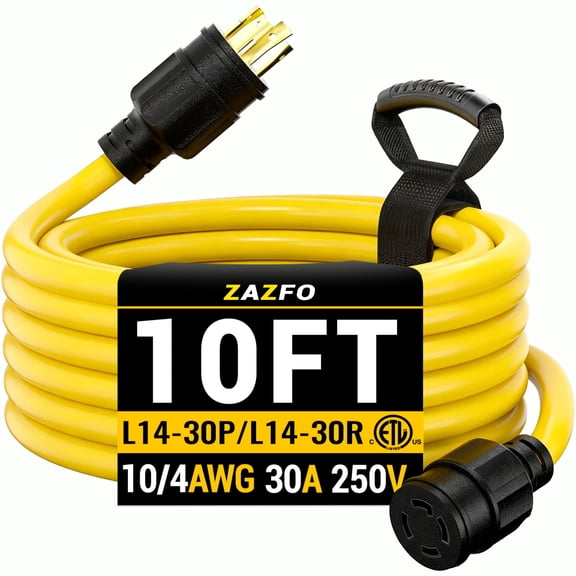 ZAZFO 30amp 4 Prong generator extension cord, nema L14-30P/R,Twist Lock,STW 10AWG 125/250V 7500W, 10-100ft Heavy Duty Yellow Outdoor Waterproof Power cable with organizer,ETL Listed