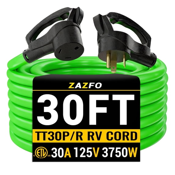 ZAZFO 30ft 30Amp RV Extension Cord, Heavy Duty 10/3 Gauge Waterproof RV Power Cord, NEMA TT-30P/R 125V, Green-Black