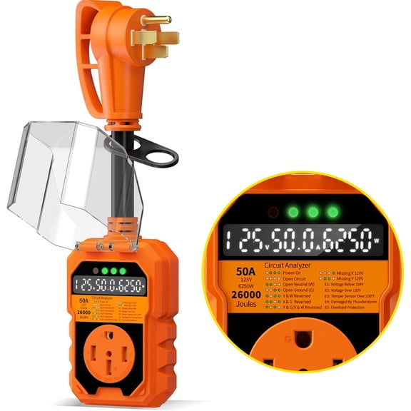 50 Amp RV Surge Protector,26000J Circuit Analyzer with Voltage & Temperature Auto Shutoff,LED Indicator RV Plug for Camper & Travel Trailers