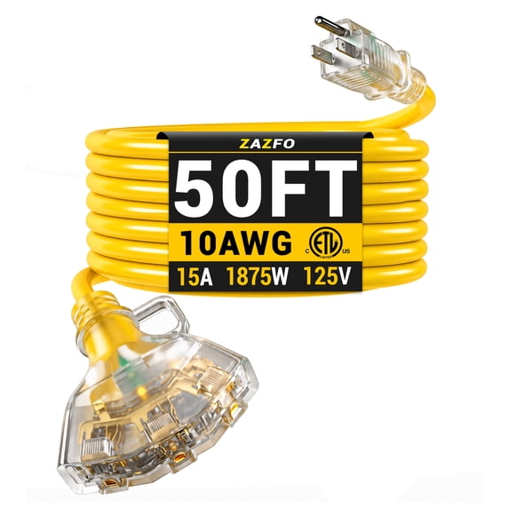 ZAZFO 50 FT 10 gauge Outdoor Extension Cord with Multiple Outlets Light Indicator, Flexible 3 Outlet Weatherproof Extension Cord Waterproof Yellow, 15A 1875W 10AWG SJTW, ETL Listed