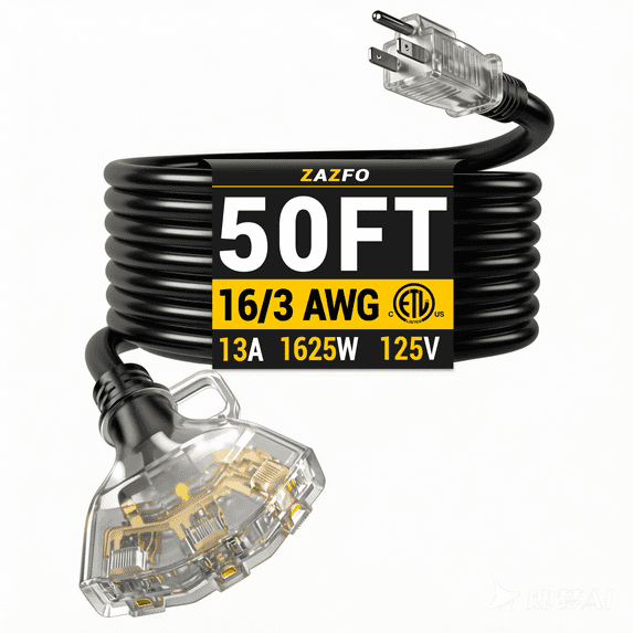 ZAZFO 50 FT 16/3 Gauge Outdoor Extension Cord with Multiple Outlets Light Indicator, Flexible 3 Outlet Weatherproof Extension Cord Waterproof Black, 13A 1625W 16AWG SJTW, ETL Listed