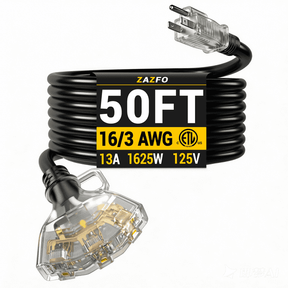 ZAZFO 50 FT 16/3 Gauge Outdoor Extension Cord with Multiple Outlets Light Indicator, Flexible 3 Outlet Weatherproof Extension Cord Waterproof Black, 13A 1625W 16AWG SJTW, ETL Listed
