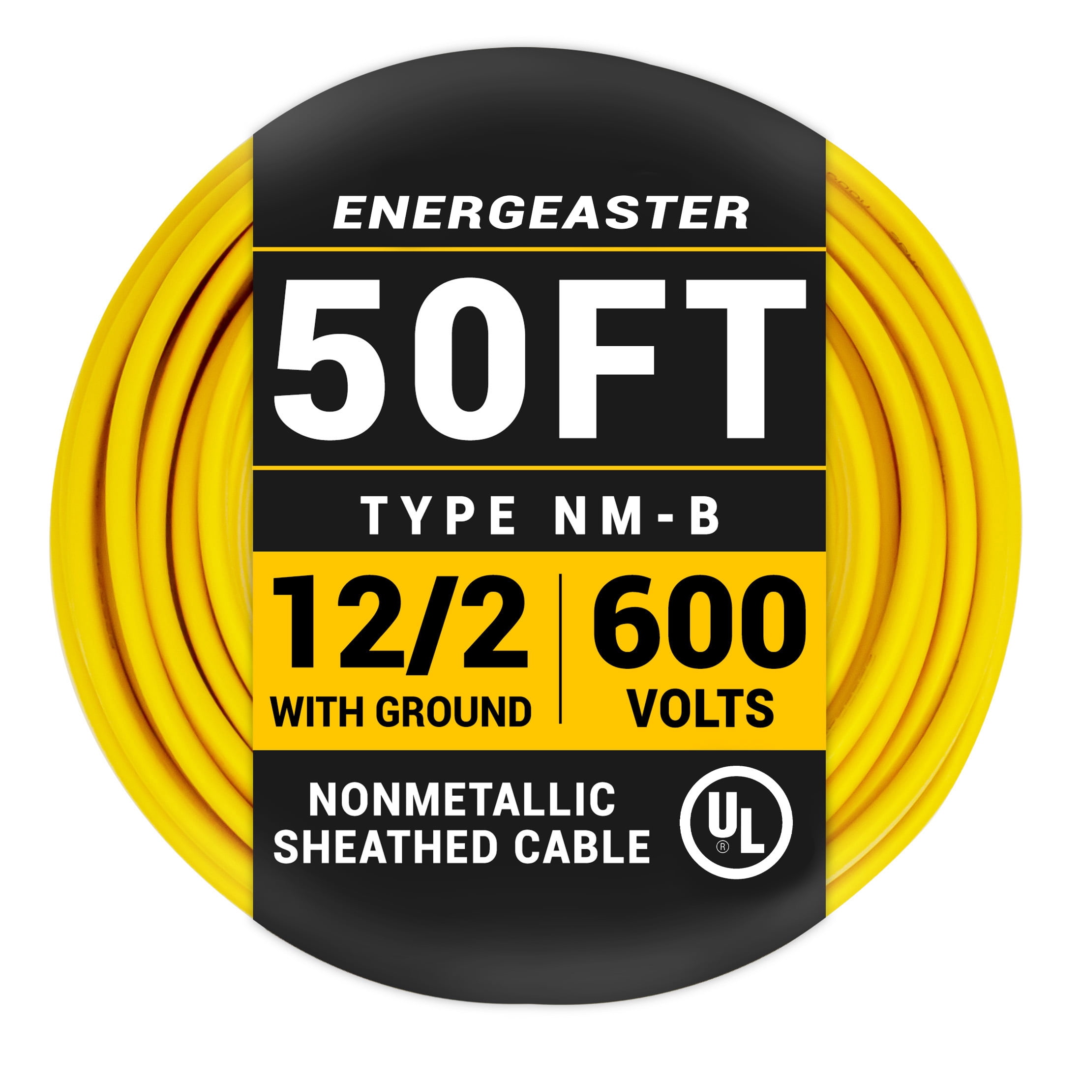 Energeaster 50 ft 12/2 NM-B Indoor Electrical Wire, 12 Gauge 600V Copper Grounded Construction Cable, UL Listed, Yellow