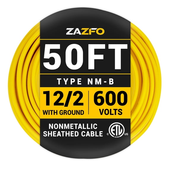 ZAZFO 50 ft 12/2 NM-B Indoor Electrical Wire, 12 Gauge 600V Copper Grounded Construction Cable, ETL Listed, Yellow