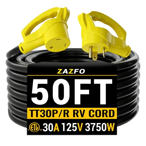 ZAZFO 50ft 30Amp RV extension cord,Heavy duty 10/3 Gauge Waterproof RV Power Cord,NEMA TT-30P/R 125V,Black-Yellow