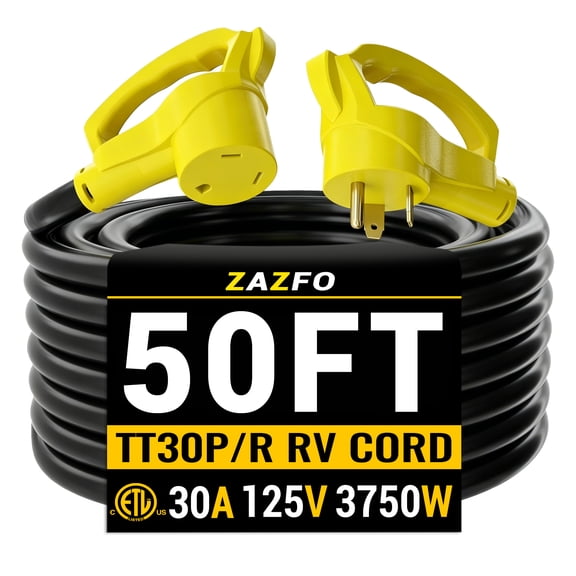 ZAZFO 50ft 30Amp RV extension cord,Heavy duty 10/3 Gauge Waterproof RV Power Cord,NEMA TT-30P/R 125V,Black-Yellow
