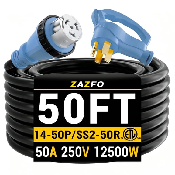 ZAZFO 50ft 50Amp Generator RV Extension Cord,NEMA 14-50P to SS2-50R Twist Lock Heavy Duty Waterproof Power Cord for Outdoor Home RV,Black-Blue