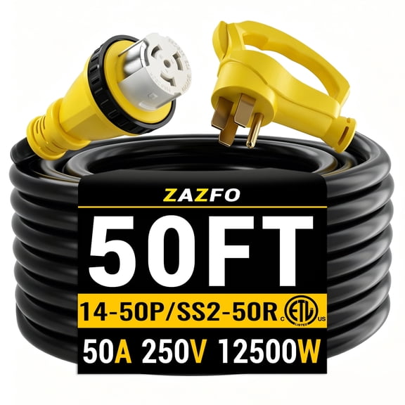 ZAZFO 50ft 50Amp Generator RV Extension Cord,NEMA 14-50P to SS2-50R Twist Lock Heavy Duty Waterproof Power Cord for Outdoor Home RV,Black-Yellow