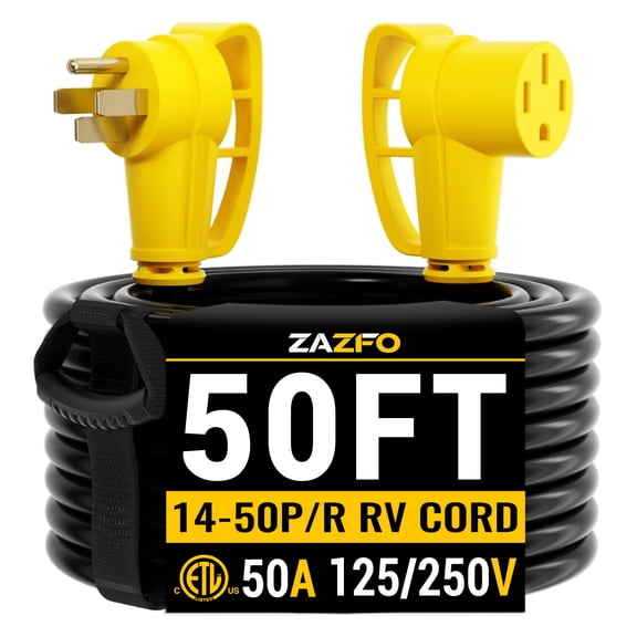 ZAZFO 50ft 50Amp RV extension cord,NEMA 14-50P/R 125/250V,Heavy duty Waterproof Power Cord for RV Outdoor Home,Black-Yellow