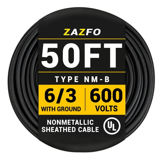 ZAZFO 50ft 6/3 NM-B Pure Copper Wire, 6 AWG 3 Conductors with Ground Wire, Black, Indoor Electrical Wire