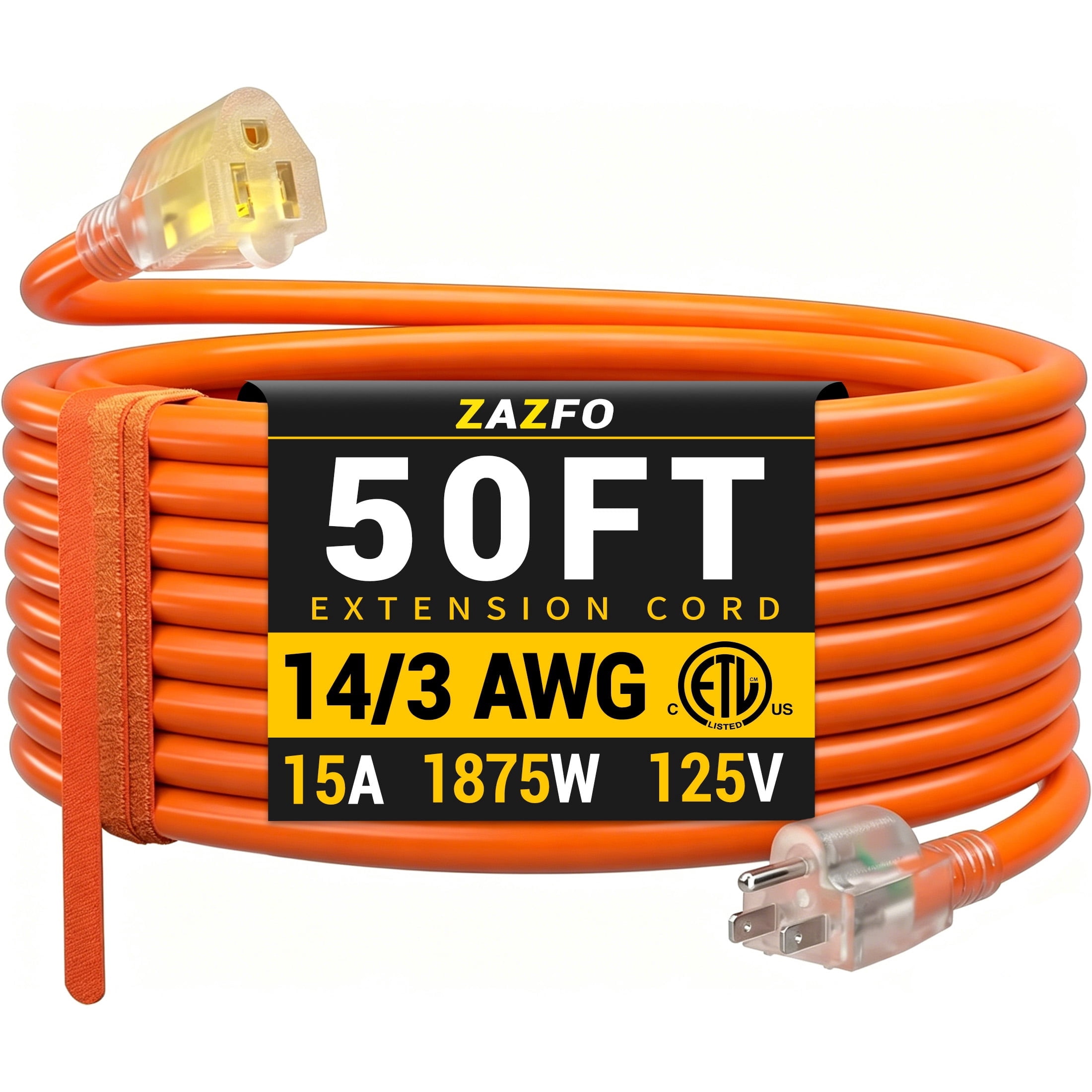 ZAZFO 50ft Outdoor Extension Cord,14/3 Gauge Heavy Duty 3 Prong Extension Cord Outside,Waterproof with Lighted Indicator,Orange