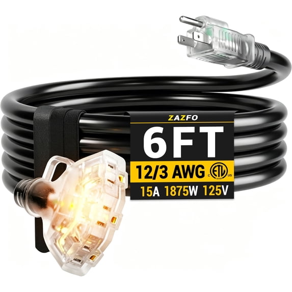 ZAZFO 6 FT 12 gauge Outdoor Extension Cord with Multiple Outlets Light Indicator, Flexible 3 Outlet Weatherproof Extension Cord Waterproof Black, 15A 1875W 12AWG SJTW, ETL Listed