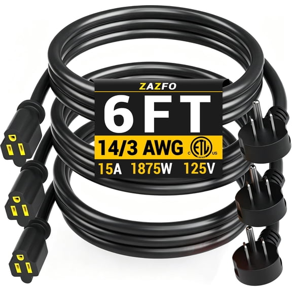 ZAZFO 6ft 3 Pack Black Flat Plug Extension Cord, 14/3 Gauge 3 Prong Grounded SJTW Power Cord,15A 125V 1875W ETL Listed