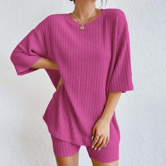 ZAZYULZ 2 Sets Ribbed Knit Pajamas Matching Outfits T Shirt Biker Shorts Sleepwear Sweatsuits(Hot Pink,M)