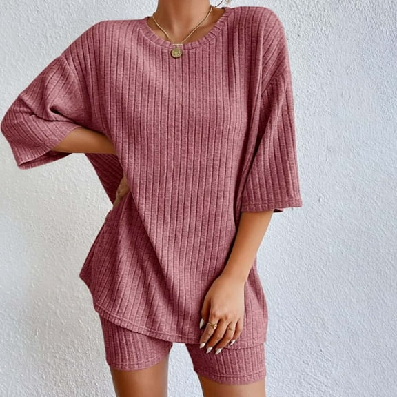 ZAZYULZ 2 Sets Ribbed Knit Pajamas Matching Outfits T Shirt Biker Shorts Sleepwear Sweatsuits(Red,S)