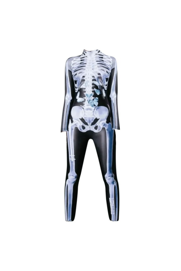 Charming Sexy Skeleton Jumpsuit Halloween Long Sleeved Tights Women's Body Skeleton 3D Printing Jumpsuit(Black,L)