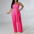 thumbnail image 1 of ZAZYULZ Dressy Jumpsuits for Women Women's Casual Off Shoulder Smocked Solid Color Strapless Belted Wide Leg Jumpsuit Romper With Pockets(Red,S), 1 of 6