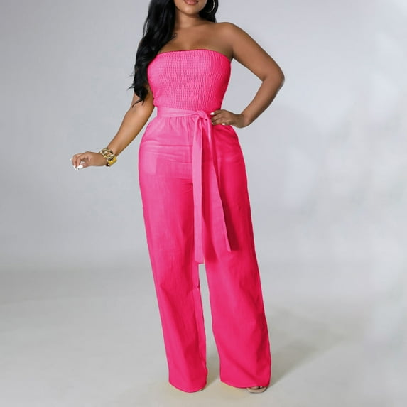 ZAZYULZ Dressy Jumpsuits for Women Women's Casual Off Shoulder Smocked Solid Color Strapless Belted Wide Leg Jumpsuit Romper With Pockets(Red,S)