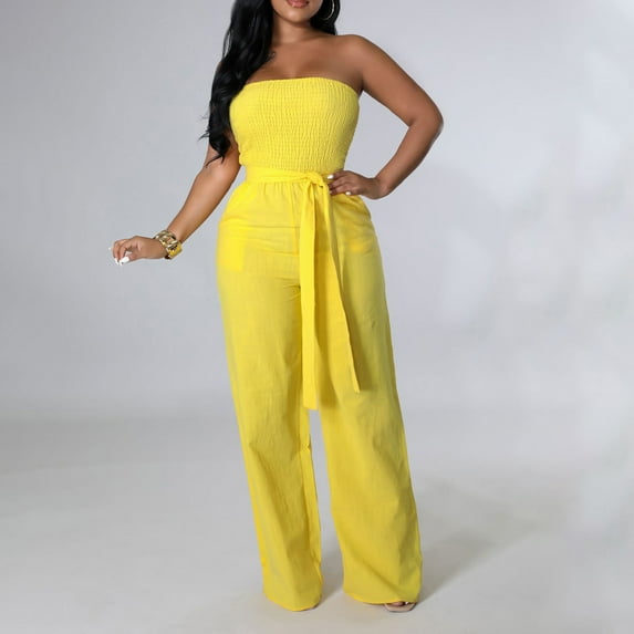 ZAZYULZ Dressy Jumpsuits for Women Women's Casual Off Shoulder Smocked Solid Color Strapless Belted Wide Leg Jumpsuit Romper With Pockets(Yellow,S)