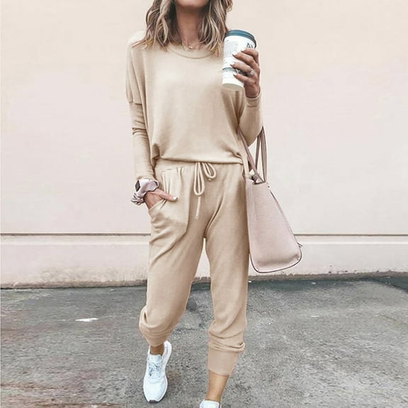 ZAZYULZ Going Out Sets for Women 2Pc Women Pure Color Suit Long Sleeve Leisure Pocket Home Sweatpants Sets(Khaki,L)
