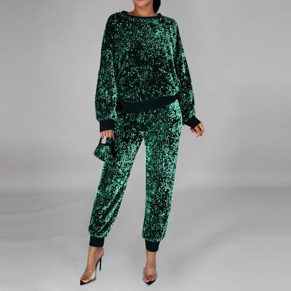 ZAZYULZ Going Out Sets for Women Ladies Autumn And Winter Sequins Small Fragrance Leisure Sports Long Sweater Pencil Pants Respirator Three Piece Suit(Green,M)