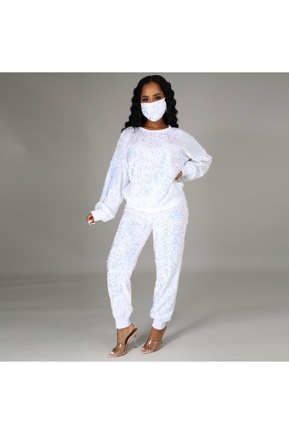 Going Out Sets for Women Ladies Autumn And Winter Sequins Small Fragrance Leisure Sports Long Sweater Pencil Pants Respirator Three Piece Suit(White,S)