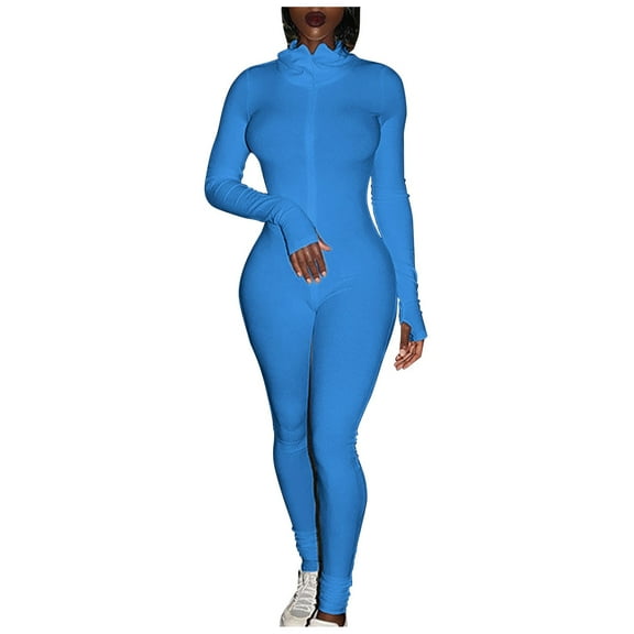 ZAZYULZ Jumpsuit for Women Women Sport Yoga Workout Ribbed Zipper Long Sleeve Embroidery Sport Jumpsuits(Blue,Xxl)