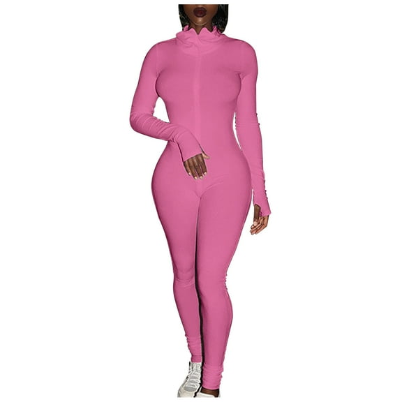 ZAZYULZ Jumpsuit for Women Women Sport Yoga Workout Ribbed Zipper Long Sleeve Embroidery Sport Jumpsuits(Pink,Xl)