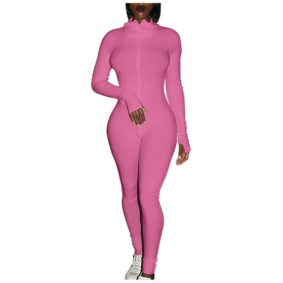 ZAZYULZ Jumpsuit for Women Women Sport Yoga Workout Ribbed Zipper Long Sleeve Embroidery Sport Jumpsuits(Pink,Xxl)