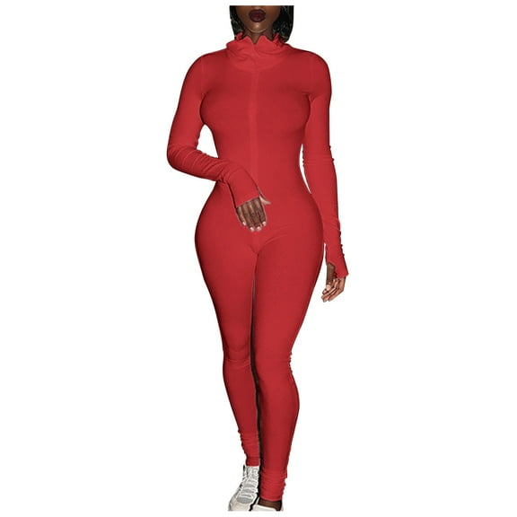 ZAZYULZ Jumpsuit for Women Women Sport Yoga Workout Ribbed Zipper Long Sleeve Embroidery Sport Jumpsuits(Red,Xxl)
