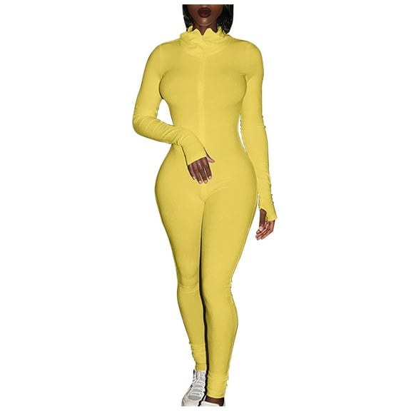 ZAZYULZ Jumpsuit for Women Women Sport Yoga Workout Ribbed Zipper Long Sleeve Embroidery Sport Jumpsuits(Yellow,Xxl)